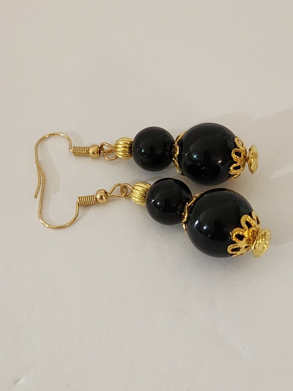 Hand Crafted Black and Gold Beaded Drop Earrings